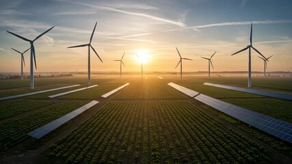 Green Field with Wind Turbines at Golden Sunrise Generating Sustainable Energy Aerial View of a Rural Landscape with Renewable Resources
