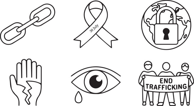 World Day Against Human Trafficking icon set with broken chain ribbon globe lock hand eye banner