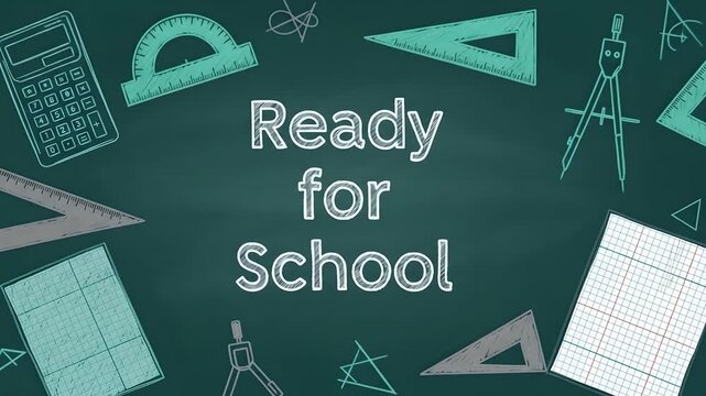 Back to school chalkboard with math tools. Education background includes calculators, protractors, triangles, compasses, and grid paper for math and science teaching. Education concept.