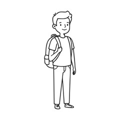 Black and white cartoon of young caucasian male teen with backpack