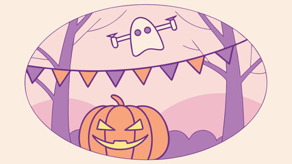 Halloween ghost and pumpkin scene with bunting jack-o-lantern