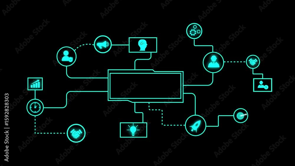 Poster abstract tech visualization with lines and shapes on black background. abstract tech network animati