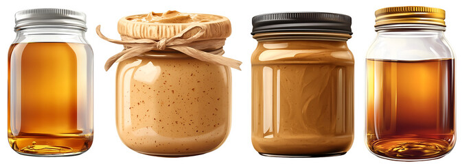 assorted glass jars of honey and peanut butter isolated on white background natural sweet food collection