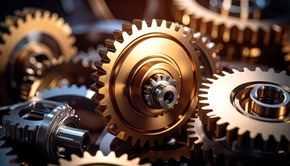 Close-up of intricate golden and metal gears