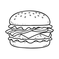Hand-drawn black and white cheeseburger illustration with lettuce and tomato
