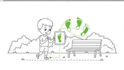 Digital Footprints A Child's Journey Through Technology and Nature, using a tablet to display digital footprints in a park setting.