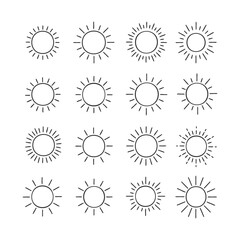 Various minimalist sun icons in black and white vector design