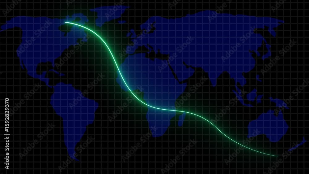 Poster abstract animated line route representing worldwide travel and communication data flow. global world