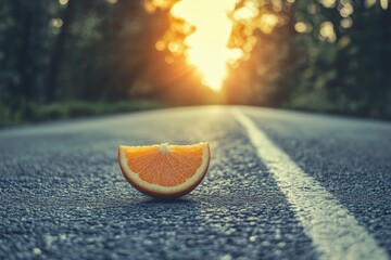 A bright orange left on roadway as sun sets.