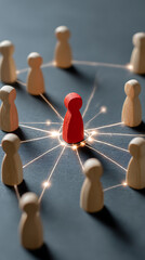 Obraz premium Red figure connected to wooden figures with glowing lines connection network
