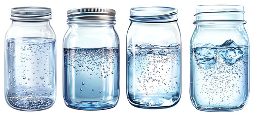 Set of transparent glass jars filled with clean sparkling water isolated on white background hydration and purity concept