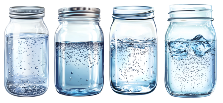 Set of transparent glass jars filled with clean sparkling water isolated on white background hydration and purity concept