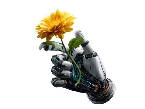 A robot hand holding a growing flower, isolated on transparent background