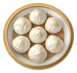 traditional Asian dumplings in bamboo steamer basket on white background
