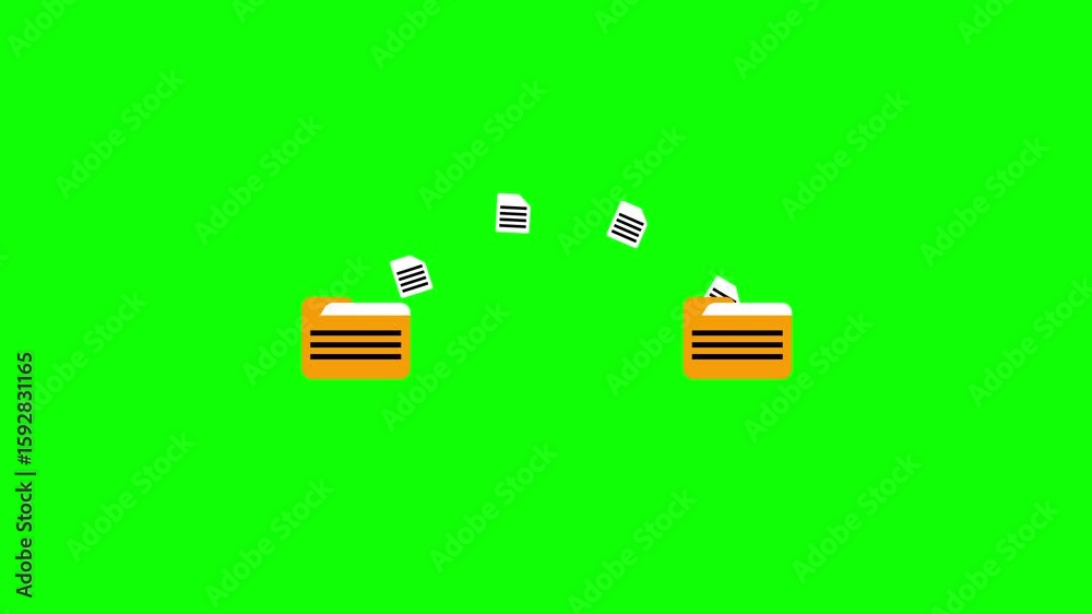 Poster animated orange file folders with documents on green screen background. digital file and folder anim
