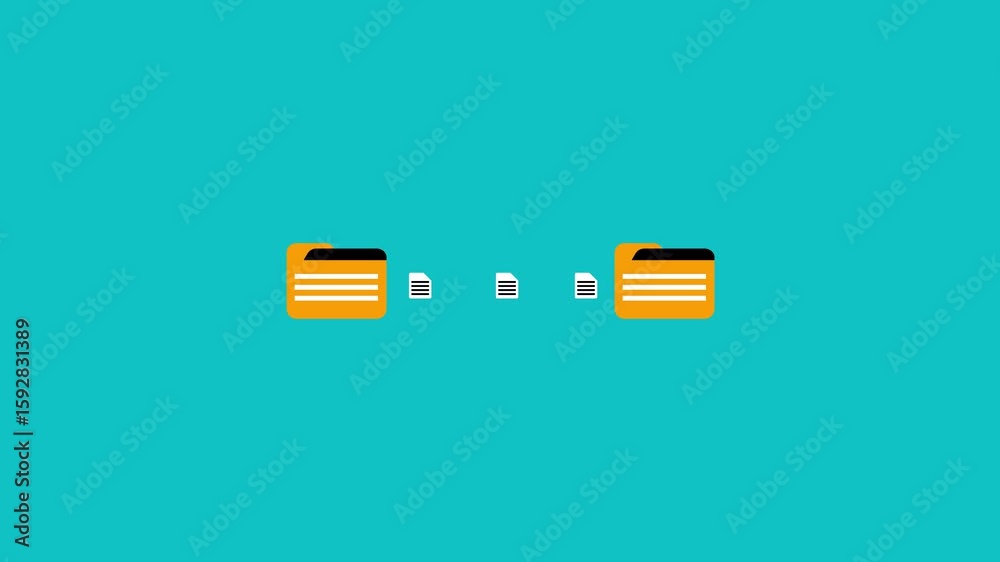 Poster animated documents transferring between two digital file folders. document file transfer animation. 