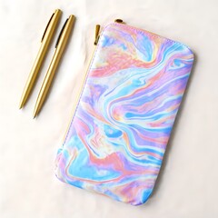 Pastel Galaxy Pencil Case with Gold Pens - Flat Lay