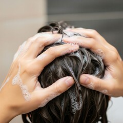 Naklejka premium woman washing her hair with shampoo