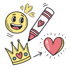  Emoji fun face, heart, crown symbol crayon texture marker background kid sketch style hand drawn element. Color smiley face, arrow. Vector illustration
