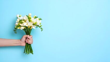 Hand Holding Bouquet of White Freesia Flowers on Blue Background