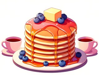 Stack of Pancakes with Maple Syrup, Butter, and Blueberries - Delicious Breakfast Illustration