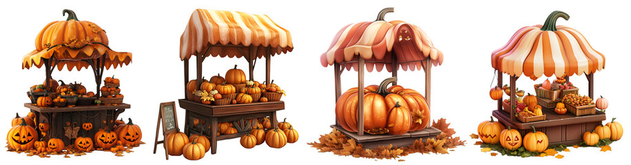 Set of autumn pumpkin farm stands with harvest vegetables and seasonal decorations, isolated on transparent background
