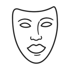 Minimalist black outline of theater mask on white background