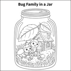 A family of four bugs (e.g., Mom, Dad, and two baby bugs) enjoying their little leafy home inside a jar. Include a log house, a tiny door, and some cartoon grass.