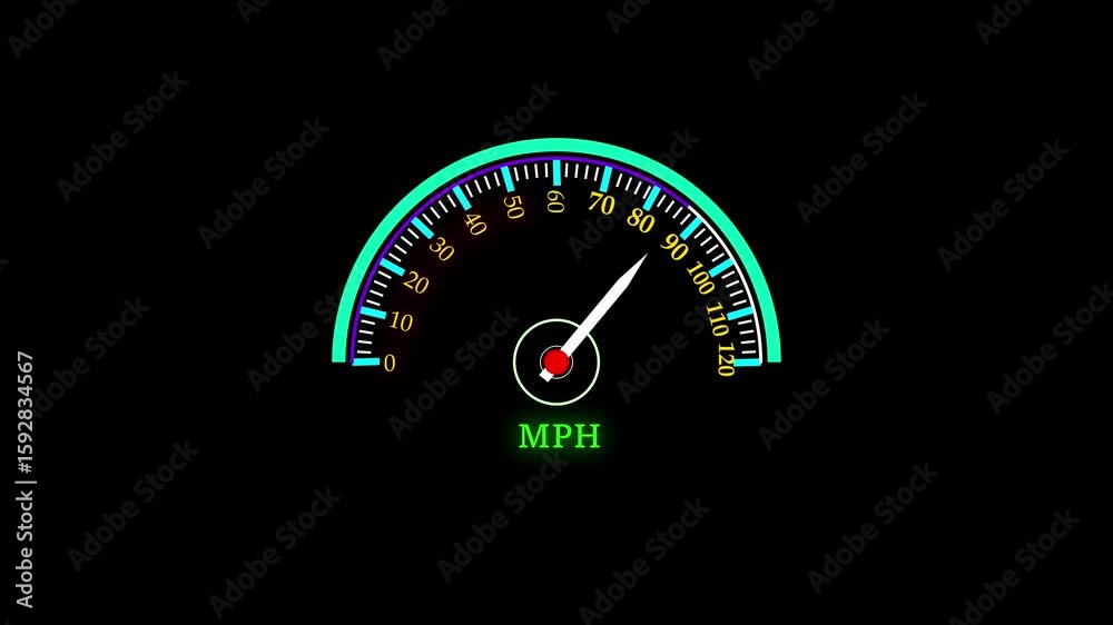 Poster neon digital speedometer loop animation. colorful dashboard gauge showing vehicle speed and velocity