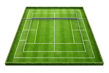 A perfectly manicured grass tennis court with white lines and a net, isolated on a transparent background