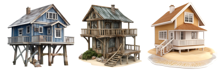 Set of old abandoned houses next to modern renovated homes before and after concept, isolated on transparent background