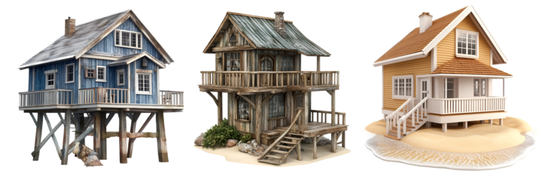 Set of old abandoned houses next to modern renovated homes before and after concept, isolated on transparent background