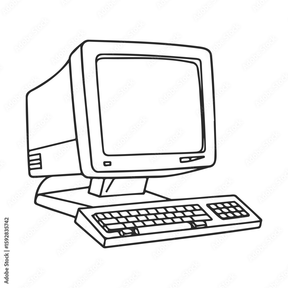 Poster retro crt computer with keyboard and mouse outline illustration