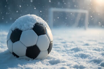 Winter Soccer Ball Covered with Snow on Field with Snowfall and Goalpost in the Background – Outdoor Football Game Scene in Cold Weather