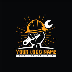 Construction Logo with Hand Holding Wrench and Helmet