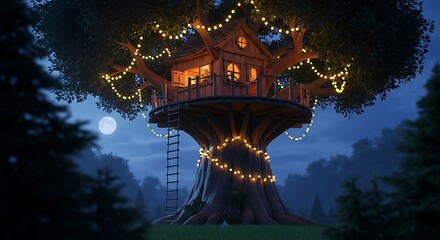 A cozy treehouse adorned with fairy lights at night, nestled in a forest under a full moon.