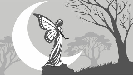 Fairy silhouette with moon and trees vector art for fantasy illustration and magical designs element use