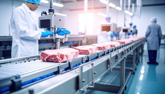 Meat processing facility, workers inspecting and processing