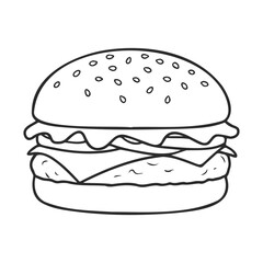 Outline drawing of classic cheeseburger with lettuce, tomato, and cheese