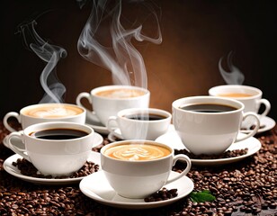 Hot coffee cups with steam