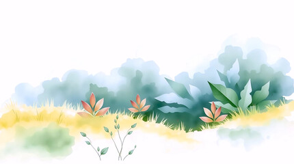 soft pastel botanical landscape with green leaves and small blossoms, creating a dreamy nature background illustration