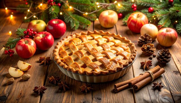 Festive apple pie on a wooden table