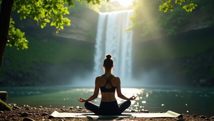 Obraz premium Woman Meditating by Waterfall
