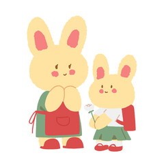 Mother and child bunny giving jasmine flower on mother day illustration transparent background 