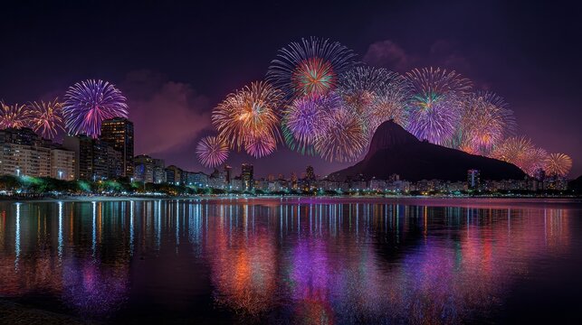 Vibrant fireworks over rio de janeiro skyline and sugarloaf mountain at night
