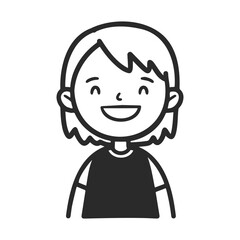 Smiling cartoon child illustration in black and white with short hair