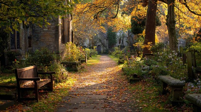 Serene autumn pathway in historic cemetery with sunlit foliage and stone monuments - Powered by Adobe