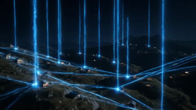 Futuristic visualization of high-speed satellite internet connecting a remote rural village, forming a glowing blue data network at night. - Powered by Adobe