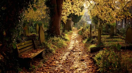 Serene autumn cemetery pathway lined with golden leaves and tombstones