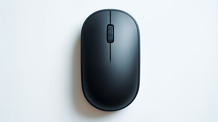 Sleek black computer mouse with textured scroll wheel on white background technology input device